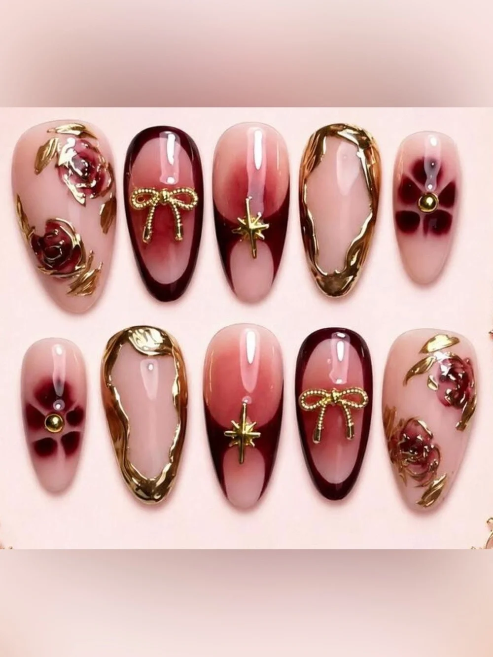 Luxury Burgundy press on  Nail Set with Gold Accents 24 pc set
